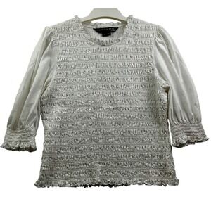 Veronica Beard Jeans Top‎ Womens Medium Langston Smocked Puff Sleeve Ruffle Trim